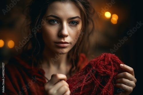 Rahab, the courageous and resourceful woman, with a determined gaze and a strand of scarlet thread in her hands, symbolizing her redemption, bokeh Generative AI
