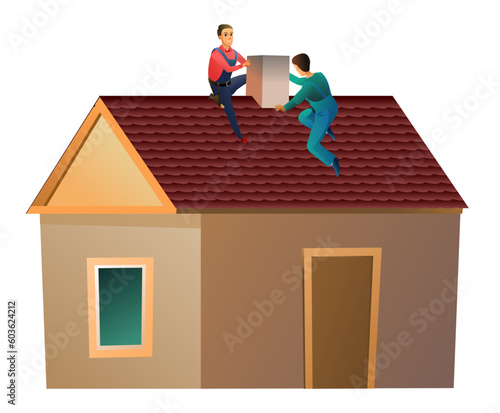 Workers work on roof. Two workers are repairing stove chimney on roof. Small house and two workers. Service illustration Isolated on white background. Vector.