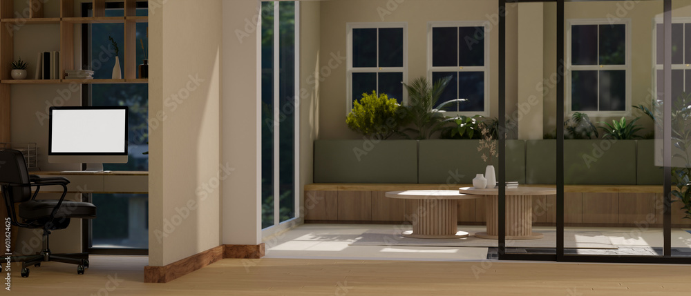 Interior design of a modern contemporary office with waiting zone in the office corridor Interior design of a modern contemporary office with waiting zone in the office corridor