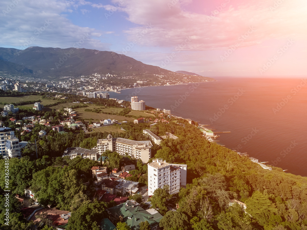 Aerial View of Livadia Palace - located on the shores of the Black Sea in the village of Livadia in the Yalta region of Crimea. Livadia Palace was a summer retreat of the last Russian tsar Nicholas II