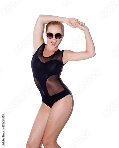 Woman model, bodysuit and sunglasses or trendy pose for fashion and with attitude isolated on white background. Face, body and fit legs or hot lady and glamour or lingerie on studio or shades © Mr. Skin/peopleimages.com