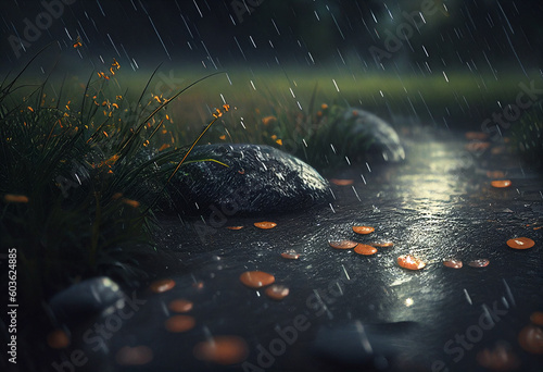 Autumn rain in the forest. road, 3d rendering. Computer digital drawing. generative ai