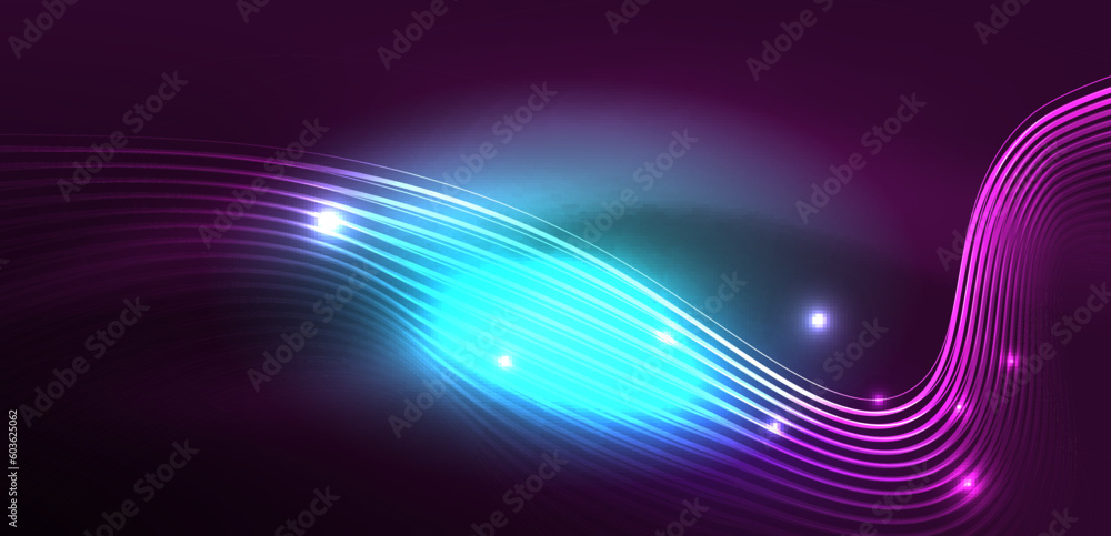 Shiny glowing neon wave. Neon light or laser show, electric impulse, power lines, techno quantum energy impulse, magic glowing dynamic lines Shiny glowing neon wave. Neon light or laser show, electric impulse, power lines, techno quantum energy impulse, magic glowing dynamic lines