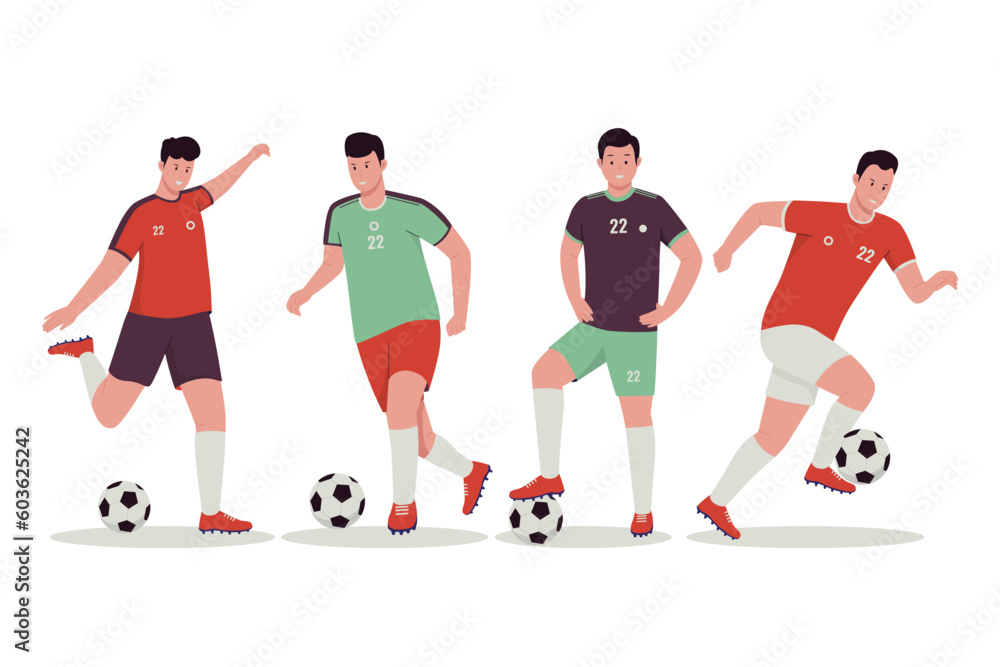 Football soccer player vector illustration set. Illustration for website, landing page, mobile app, poster and banner. Trendy flat vector illustration Football soccer player vector illustration set. Illustration for website, landing page, mobile app, poster and banner. Trendy flat vector illustration