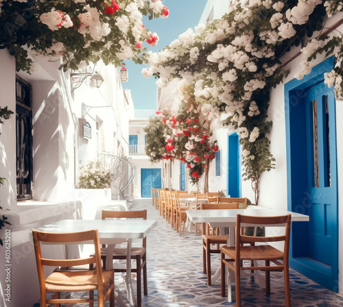 White and blue taverna in Greek style against the background of the sea Generative AI