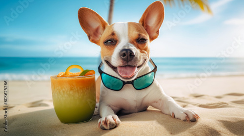 Cute dog in sunglasses with coctail relaxing on sandy beach near sea. Summer vacation with pet. Generative AI © zamuruev