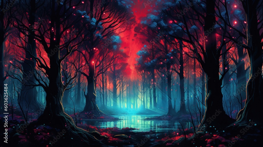 A surreal forest with trees made of neon lights. Fantasy concept , Illustration painting. Generative AI