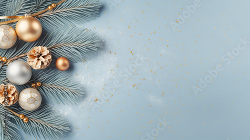 Merry christmas ornament top view holiday new year border composition background. Flat lay  top view  copy space. Winter holidays  New Year  Christmas concept. Generative AI