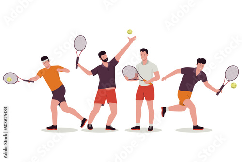 Set of male tennis player vector illustrations. Illustration for website  landing page  mobile app  poster and banner. Trendy flat vector illustration