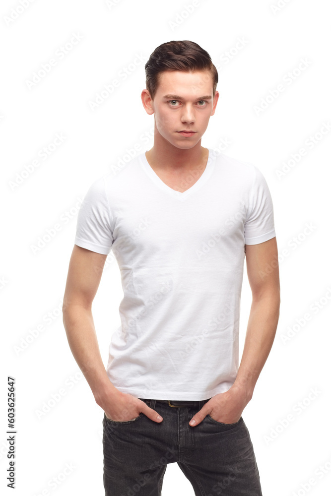 Fashion, serious and portrait of man in studio for confident, cool and casual. Trendy, handsome and style with young German model isolated on white background for pride, natural and mockup Fashion, serious and portrait of man in studio for confident, cool and casual. Trendy, handsome and style with young German model isolated on white background for pride, natural and mockup