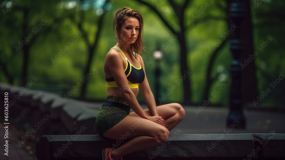 A beautiful woman in fashionable sports bra, exudes a healthy lifestyle through fitness exercise, running as her sport, making it an active clothing trend. A beautiful woman in fashionable sports bra, exudes a healthy lifestyle through fitness exercise, running as her sport, making it an active clothing trend.
