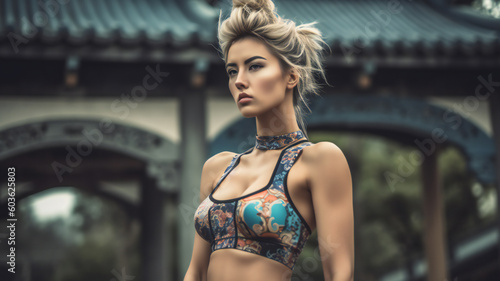 A beautiful woman in fashionable sports bra, exudes a healthy lifestyle through fitness exercise, running as her sport, making it an active clothing trend.