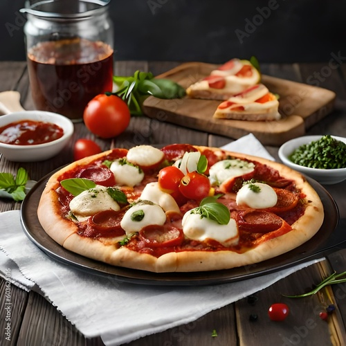 Plating of colourful chicken fajita pizza, looking appetising, top view, ai generated.