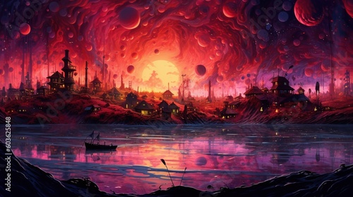 A surreal landscape with a city built on stilts over a lake of fire. Fantasy concept , Illustration painting. Generative AI