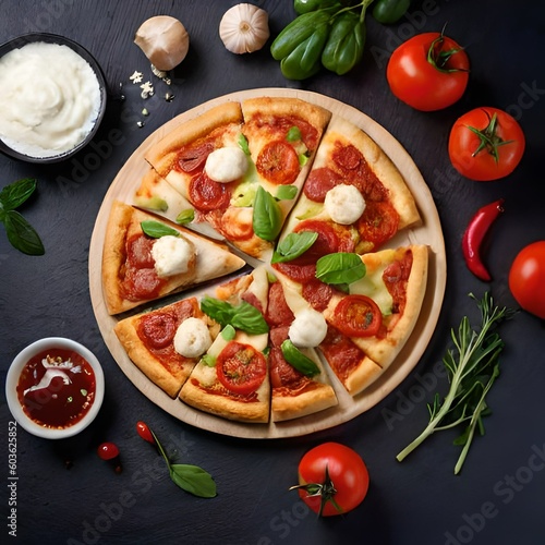 Plating of colourful chicken fajita pizza, looking appetising, top view, ai generated.