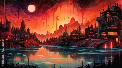 A surreal landscape with a city built on stilts over a lake of fire. Fantasy concept   Illustration painting. Generative AI