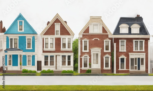 Charming Row Houses: Front View on the Street. Generative AI.