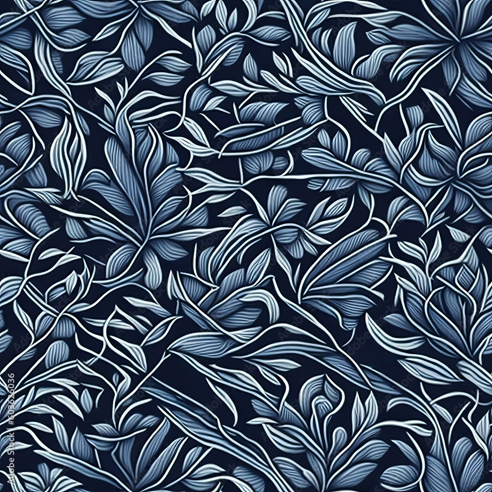 Lush Leafy Delight: Seamless Pattern on a Dark Blue Background. Lush Leafy Delight: Seamless Pattern on a Dark Blue Background.