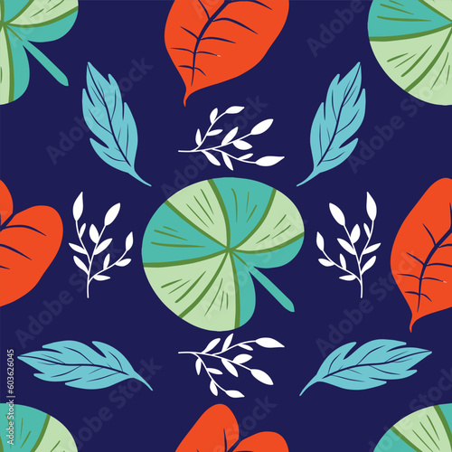 Tropical leaves seamless vector design on dark blue