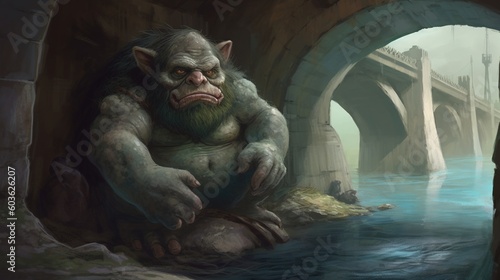 A troll under a bridge. Fantasy concept , Illustration painting. Generative AI photo