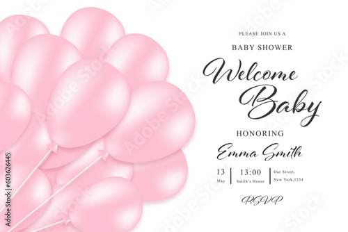 Baby girl shower card invitation, vector illustration with pink balloons
