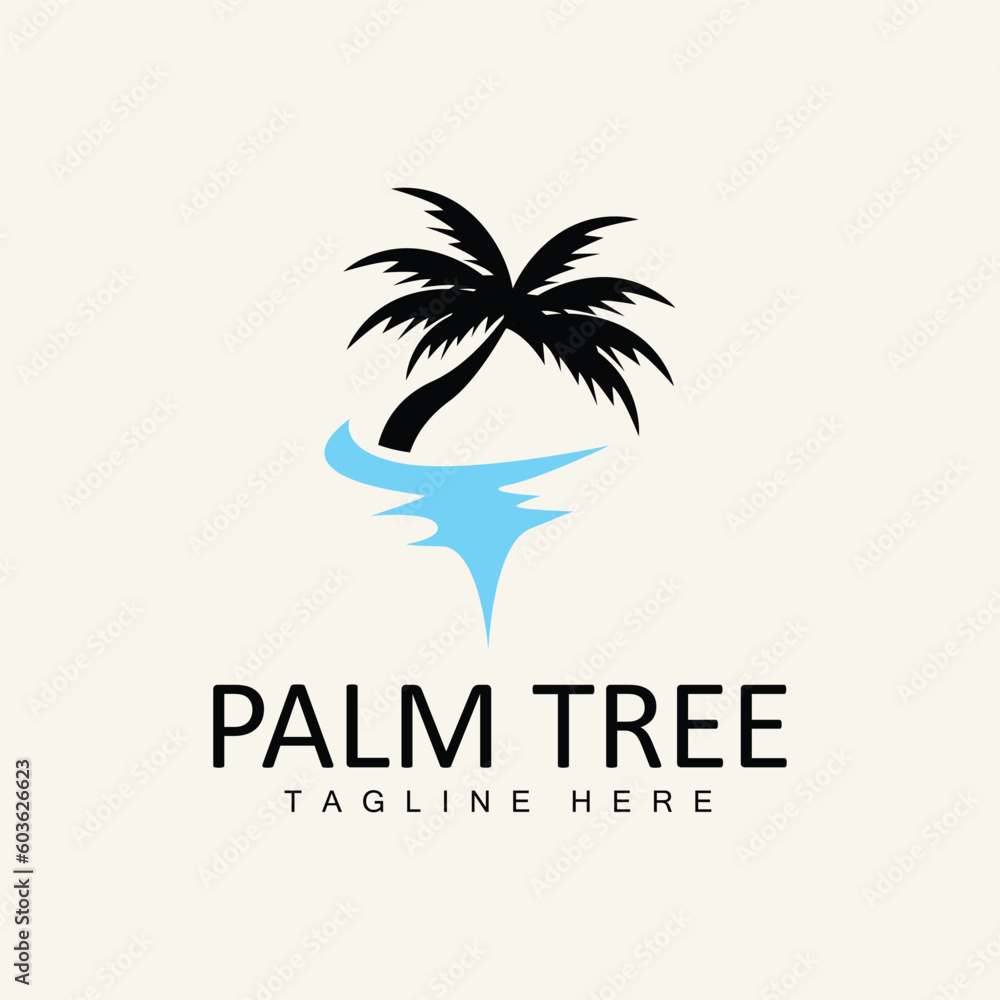 Coconut Tree Logo, Palm Tree Sunset Beach Vector, Elegant Minimalist Simple Design, Symbol Template Icon