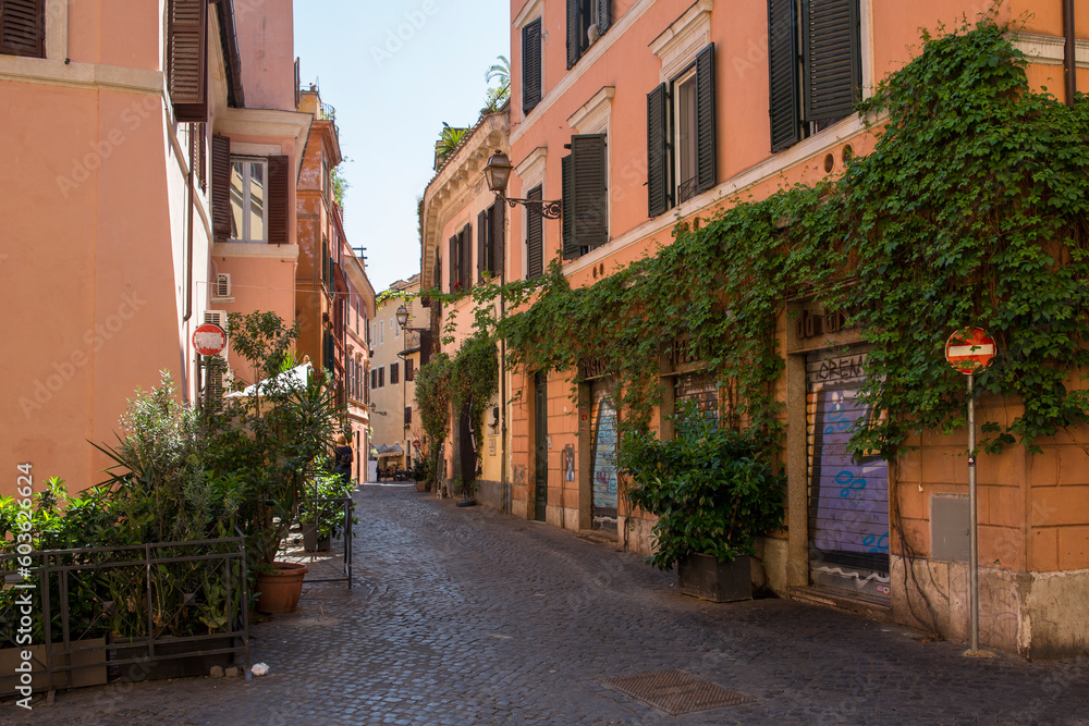 A street in Trastevere district in Rome, Italy.