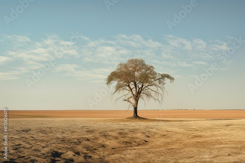 Lonely tree on drought crack land. Climate change concept. Generative AI