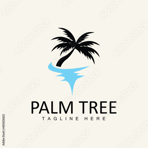 Coconut Tree Logo, Palm Tree Sunset Beach Vector, Elegant Minimalist Simple Design, Symbol Template Icon