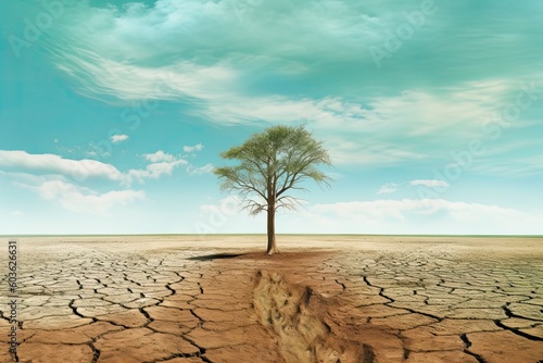 Lonely tree on drought crack land. Climate change concept. Generative AI