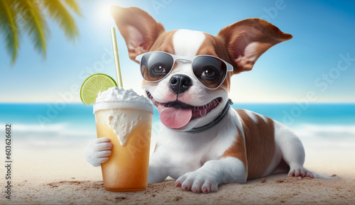Cute dog in sunglasses with coctail relaxing on sandy beach near sea. Summer vacation with pet. Generative AI © zamuruev