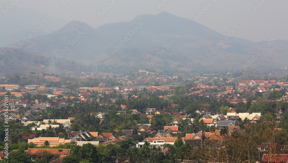 Unhealthy air pollution during the dry season, due to agricultural burning and road traffic in Luang Prabang, Laos.