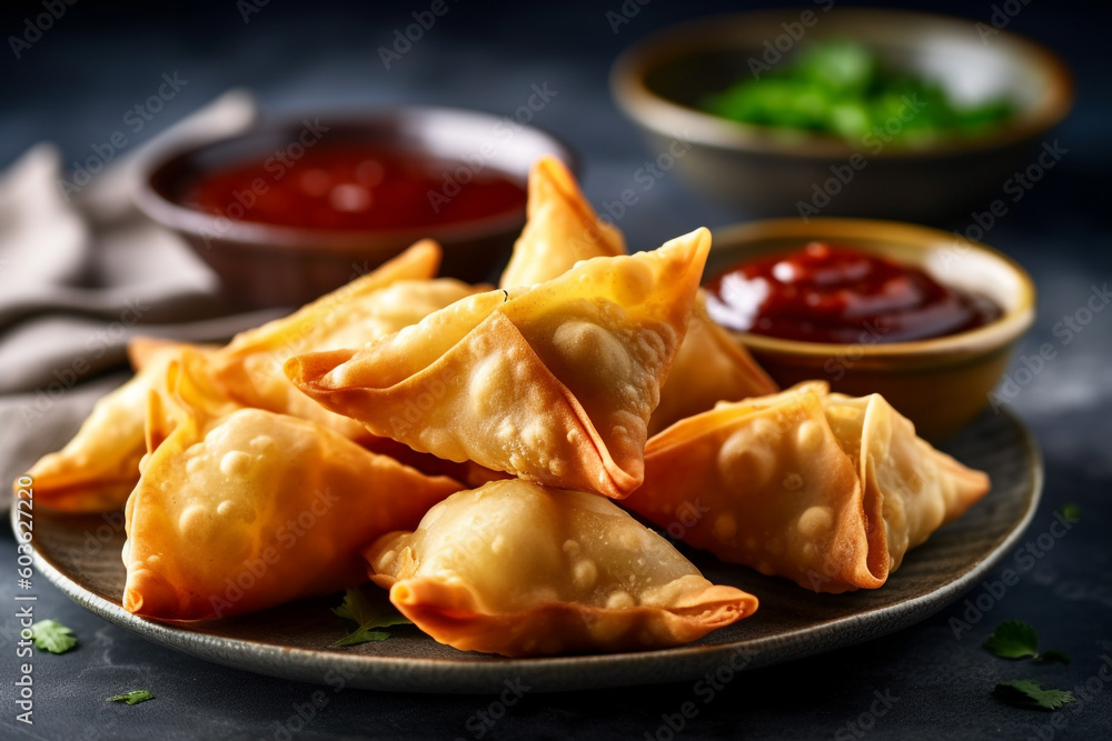 Close up of s plate of samosas with sauce Indian food. Generative AI Close up of s plate of samosas with sauce Indian food. Generative AI