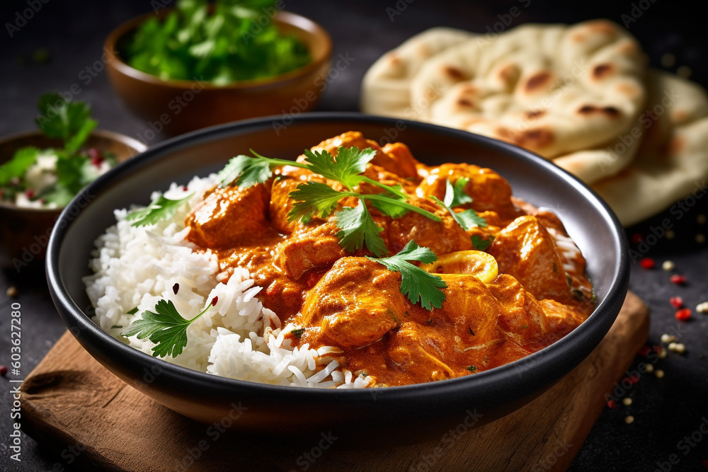 Chicken makhani butter and naan roti, Indian food. Generative AI Chicken makhani butter and naan roti, Indian food. Generative AI