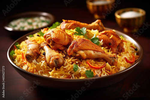 Close up of Chicken biryani, Indian savory food. Generative AI.