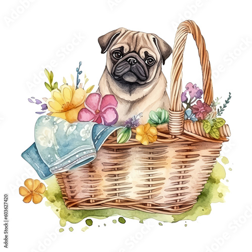 Pug Dog Breed in Picnic Basket with Flowers Watercolor Vector Illustration