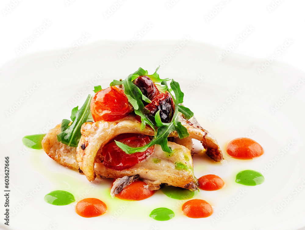 Fried white fish fillet with tomatoes and arugula
