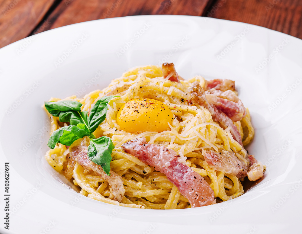 Pasta carbonara with bacon, egg and cheese Pasta carbonara with bacon, egg and cheese