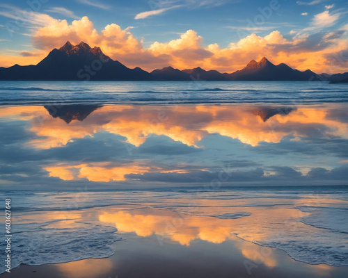 Closeup sea sand beach. Panoramic beach landscape. Inspire tropical beach seascape horizon. Orange and golden sunset sky calmness tranquil relaxing sunlight summer