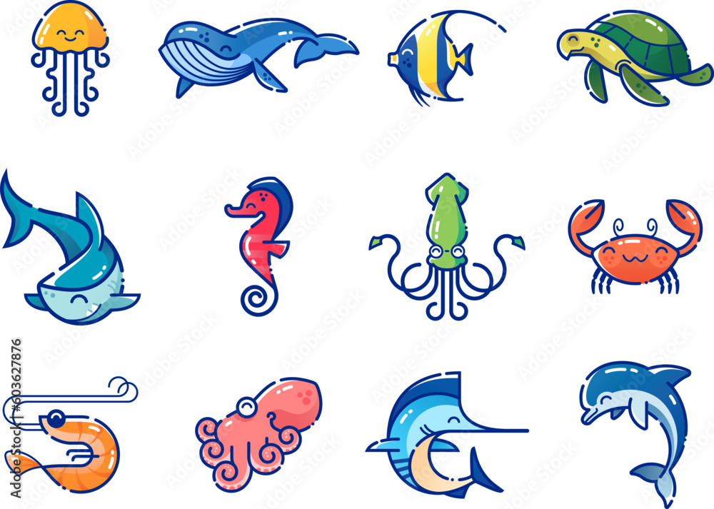 Set of sea creatures on white background. Jellyfish, whale, moorish ...