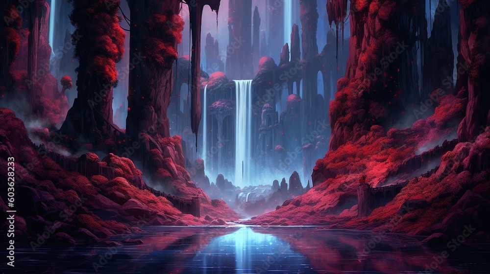 Colorful waterfall in a surreal forest. Fantasy concept , Illustration painting. Generative AI