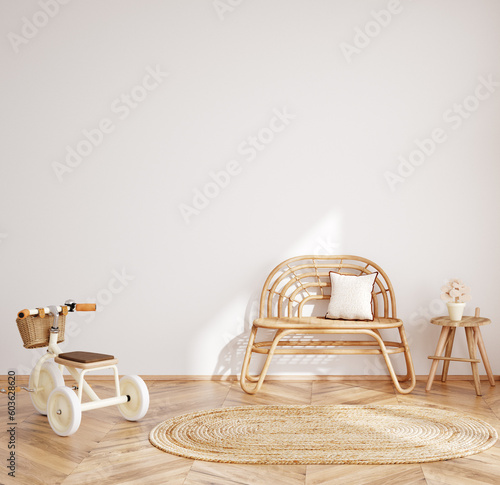 White cozy children room interior background, wall mockup, 3D render
