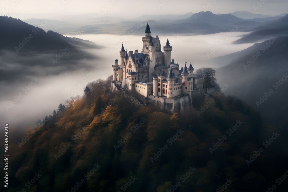 An enchanting castle in the midst of the mist and mountains, Generative AI