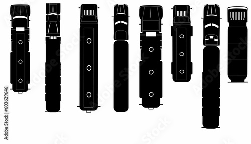 Tanker truck icon silhouette on white background. Vehicles monochrome icons set view from above