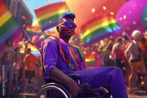 Black queer disabled, afrlcan in rainbowcolours in wheelchair at gay pride, stop or prohibit discrimination against someone because of a disability or sexual orientation photo