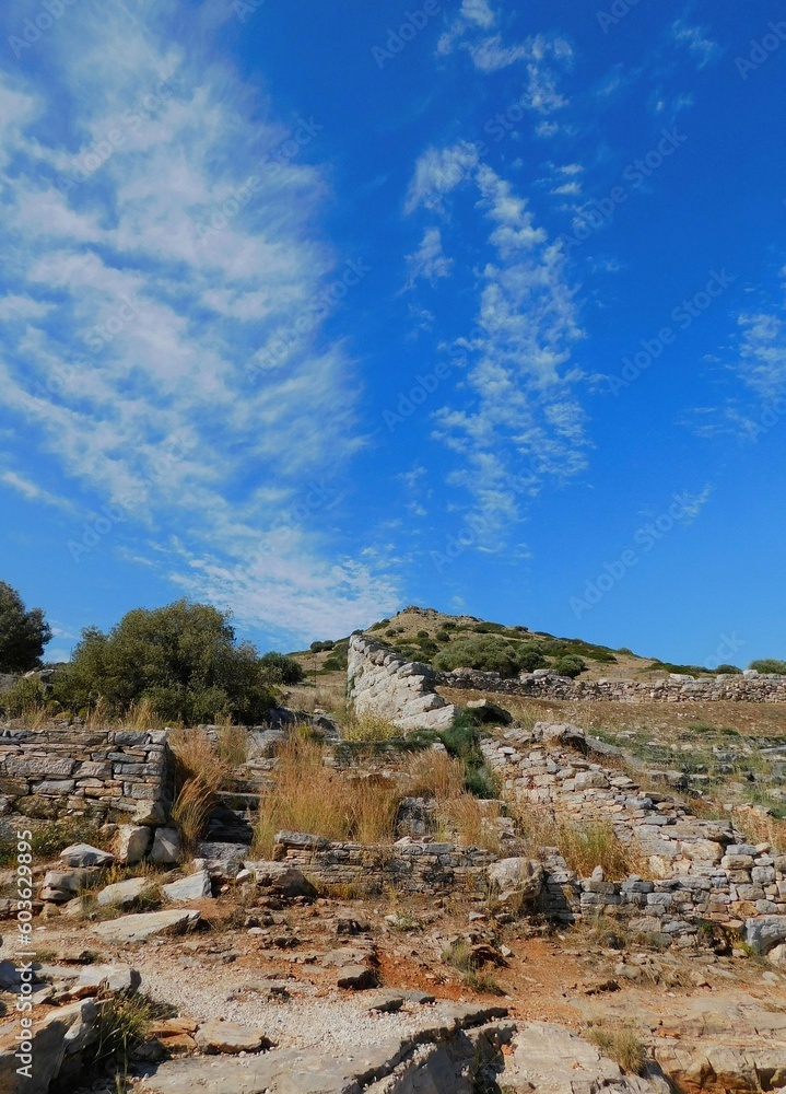 View of the ancient theater and the acropolis of Thorikos near Lavrio, Attica, Greece