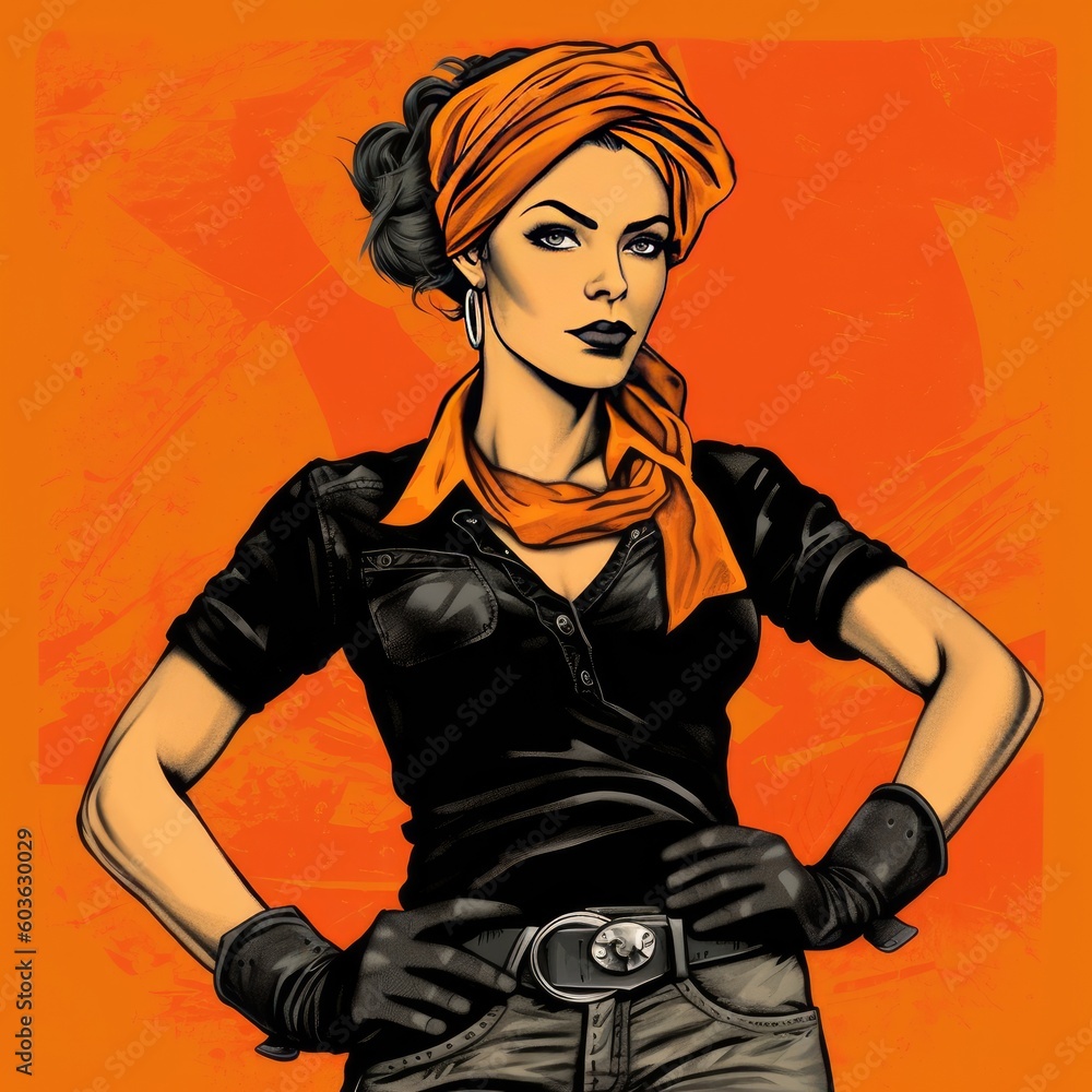 A woman wearing black pants and a bandana in cartoon, in the style of vintage imagery, strong use of color, princesscore, metalworking mastery, bold gestures created with generative ai A woman wearing black pants and a bandana in cartoon, in the style of vintage imagery, strong use of color, princesscore, metalworking mastery, bold gestures created with generative ai