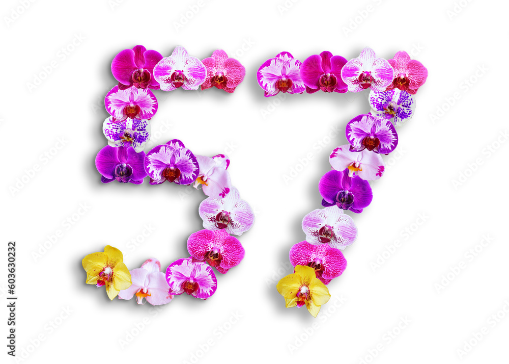 The shape of the number 57 is made of various kinds of orchid flowers. suitable for birthday, anniversary and memorial day templates