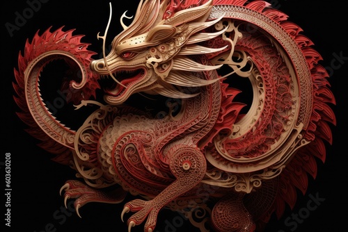 Happy Chinese new year dragon Zodiac sign, A red and gold chinese dragon in the style of luminous objects, created with generative ai