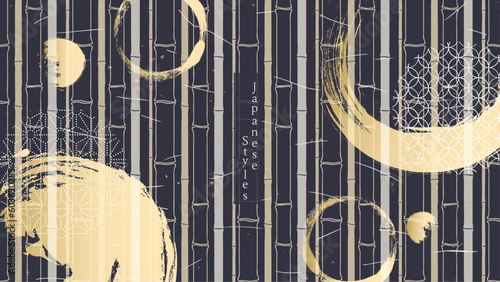 Japanese-style background　金色の豪華な和柄デザイン背景　竹　小紋柄　筆書きの丸